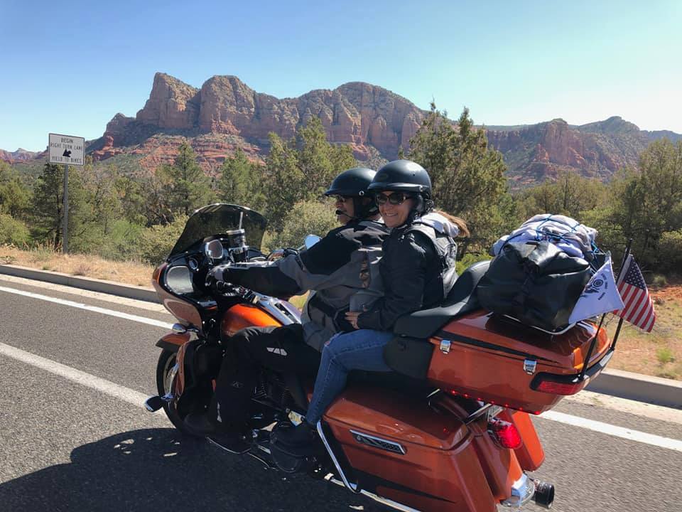 Joe with his wife Sandy on Nemo on the road out west.