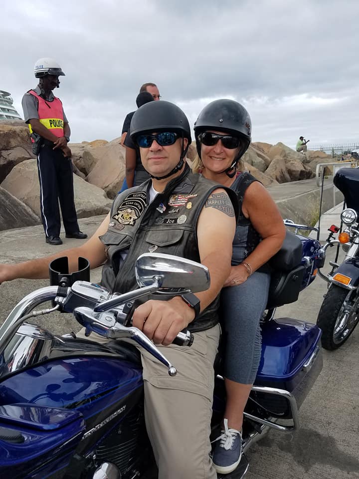Joe and Sandy getting getting ready in St. Kitts for a ride.